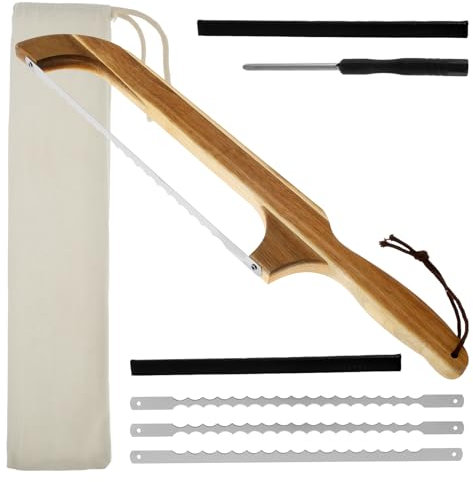 Bread Bow Saw Knife, 16.7 inch Bread Bow Cutter with Wooden Handle and 3 Stainless Steel Replacement Blades, Sourdough Bread Knife for Homemade Bread Baguettes