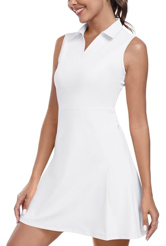 MoFiz Tenniskleid mit Hose Damen Ärmellos V-Ausschnitt Sommer Golf Sportkleider Freizeitkleider Polokleid mit Reißverschlusstaschen Weiß EU S (US XS)