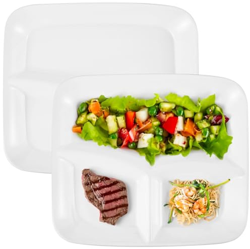 OMISTAR 2 Pcs Portion Control Plates, 10 Ceramic Divided Plates for Adults, Rectangles Porcelain Dinner Diet Plate, White Ceramic Plate for Balanced Meals, Diabetes and Weight Loss Diet