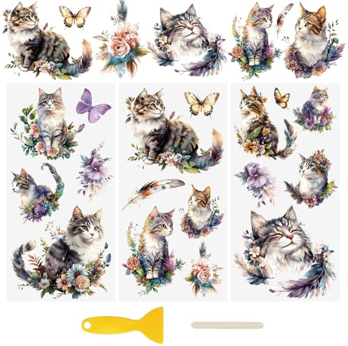 WANDIC 3 Sheets UV DTF Wraps Stickers,Cats Cup Decals Furniture Stickers Waterproof Transfers Window Decals for Glass and DIY Crafts