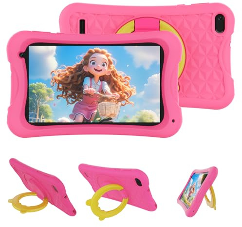 DigiLand 7 Pollici Tablet per Bambini, Android 15 con Custodia Protettiva, 4+32 GB, Schermo IPS 1024*600, Fotocamera 2MP+5MP, Batteria 3000 mAh, Tablet educativo con Controllo Parentale e iWawa(Rosa)