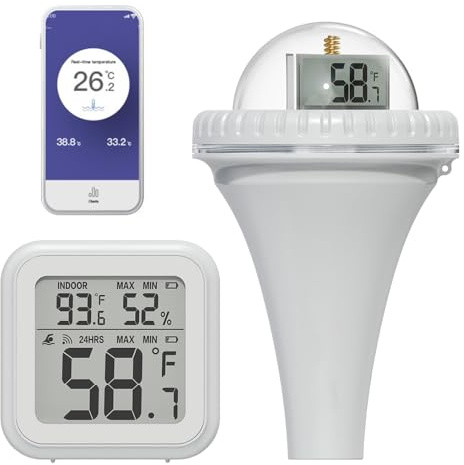 Pooltermometer funk, TGKYK 360° sikt, pooltermometer flytande med 3 LCD-display, rumstemperatur, pooltermometer digital radio, pooltermometer wifi för pool, damm