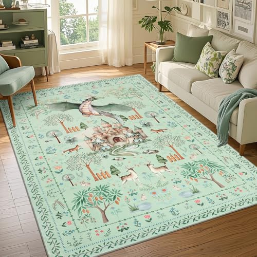 TUKDAK Drache Teppich Wohnzimmer rutschfest 160x230cm, Grün Waschbarer Teppich Schlafzimmer, Boho Tier Kurzflor Bettvorleger Teppiche Gegend, Fantasy Wald Teppichen für Kinderzimmer Büro Esszimmer