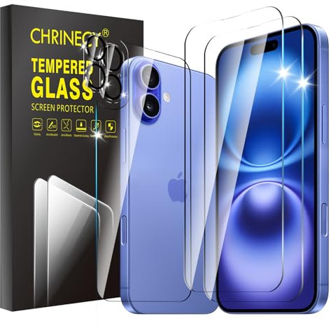 CHRINECY 2xHD Tempered Glass Screen Protectors for iPhone 16 Plus + 2×Camera Lens Protectors+ 1×Back Protector, 9H Hardness, Anti-Scratch, Anti-Fingerprint, No Bubbles