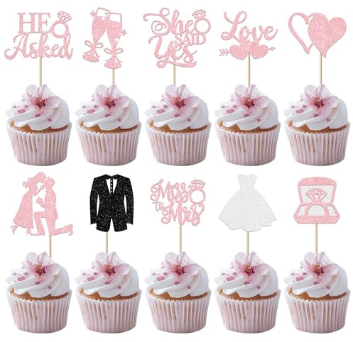 SYKYCTCY 30 Pack He Asked She Said Yes Cupcake Toppers Glitter I Do Love Heart Ring Miss To Mrs Cake Picks for Wedding Engagement Party Cake Decorations