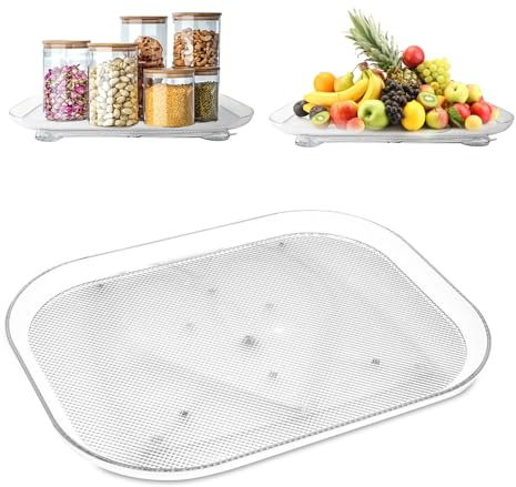 Guerity Lazy Susan Turntable Organiser - 360° Rotating Fridge Organiser Storage Tray for Fridge & Cupboard, Non-Slip Suction Base, Rectangle Design (Transparent White)