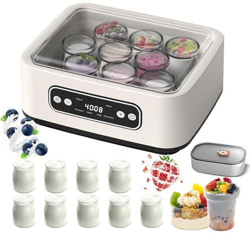 Yoghurt Maker, Homemade Fermentation Machine with 9 Glass Cups and 1.6L Stainless Steel Liner, PTC Heating, 12-Hour Timer for Homemade Yogurt Natto Rice Wine