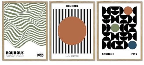 ARTFAVES® Poster Set - Bauhaus Geometrie 2-3-teilige Bildercollage Wohnzimmer, Schlafzimmer - moderne Wandbilder Kunst, Abstrakt, Kunstplakat - 30x40 cm - mit Rahmen Eiche