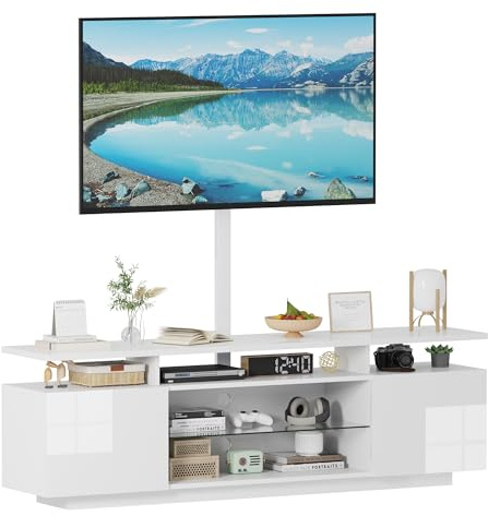 LSLIFE 160cm High Gloss TV Stand Cabinet with RGB LED Lights, TV Cabinet for 55-70 Inch Television with TV Installation Bracket Living Room White TV Unit with 2 Doors Open Shelves (White)
