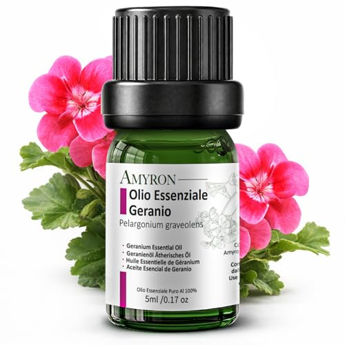 Olio Essenziale Geranio 5 ml AMYRON | Pelargonium Graveolens | Naturale E Puro Al 100% Ideale Per Aromaterapia E Uso Terapeutico | Diffusore | Massaggi | Uso Alimentare Senza OGM | Made in Italy