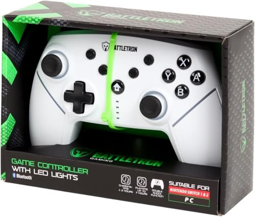 Battletron Manette sans Fil pour Switch & PC – Compatible Switch 1, 2, OLED – Bluetooth, Rechargeable, Blanche, Vibration Double Choc, Mode Turbo, 19 Boutons.