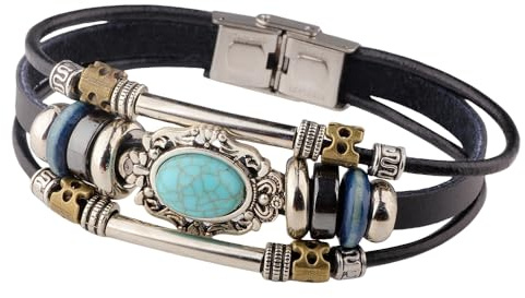 HUIANGLIYG Damen Lederarmband Vintage Türkis Stein Leder Wickelarmband Mehrschichtige Geflochtene Manschettenarmbänder mit Verschluss Bohemian Ethnic Style Schmuck Geschenk