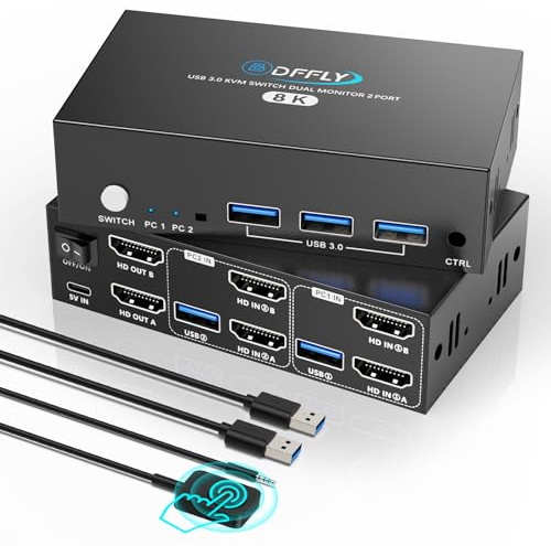 HDMI KVM Switch 2 PC 2 Monitor 8K@60Hz 4K@144Hz, USB 3.0 Switch KVM HDMI pour 2 Ordinateur Partager 2 Moniteur et 4 Port USB 3.0, Télécommande Filaire, Adaptateur Secteur 12V et Câble USB Inclus