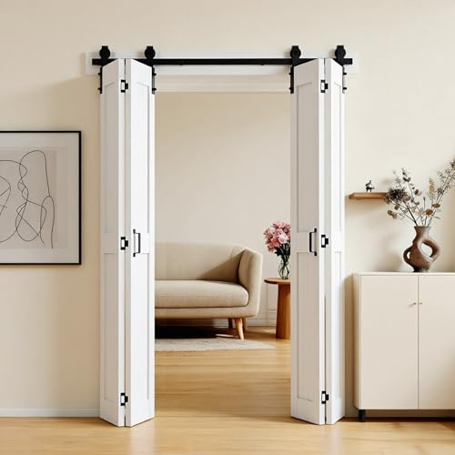 VEVOR Puerta Corredera Plegable de Estilo Granero, de MDF, con Kit de Montaje, Diseño de Marco en H Compacto y Paneles Premontados, Ideal para Dormitorio y Salón, Blanco, 1219 x 2134 x 35 mm