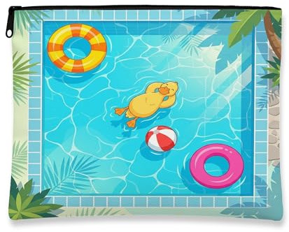 Duck Makeup Bag, Cute Pool Lifebuoys Tropical Cosmetic Travel Pouch for Women Girls, Animal Portable Small Canvas Zipper Organizer 7x9 Inch