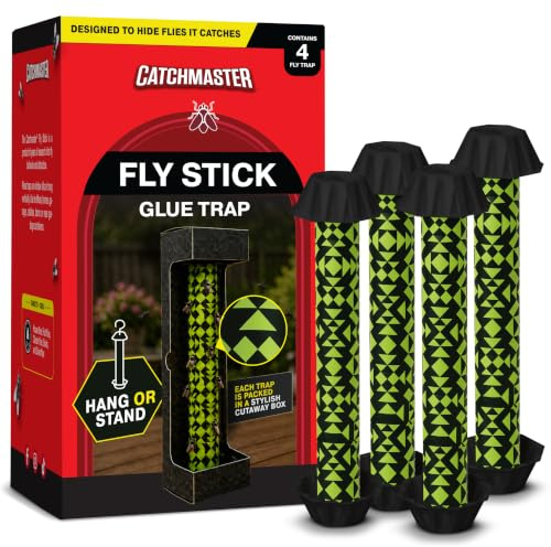 Catchmaster Lot de 4 pièges à mouches verts et noirs, pièges à mouches à fruits et insectes pour intérieur et extérieur, adhésif de qualité supérieure pour la maison