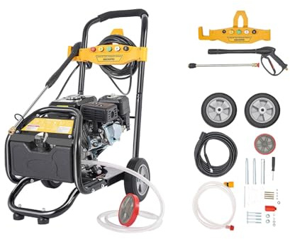 EGBNSY Hidrolavadora, Hidrolimpiadora de Alta Presion, Hidrolimpiadora Gasolina, Motor 4T con 3400rpm, Presión 180 Bar, Depósito 3.6L, con Ruedas y Ganchos, Hidrolimpiadoras para Limpiar Patios,Coche