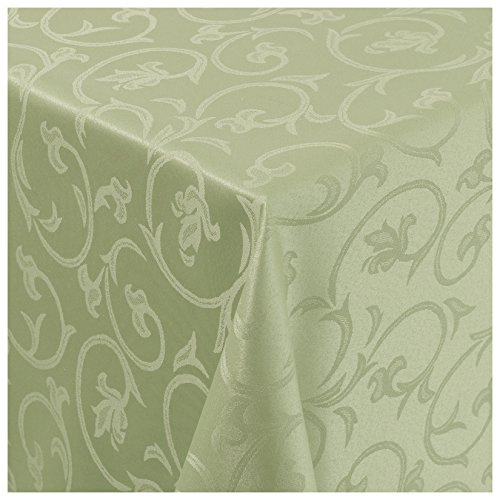 Tischdecke Damast Stoff Barock Tulpen Tischtuch Bügelarm eckig 100x100 cm in Lind-Grün mit umgenähtem Rand Premium Qualität