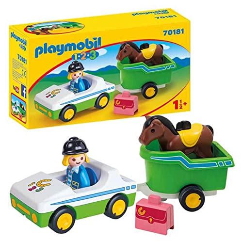 PLAYMOBIL 1.2.3 70181 PKW mit Pferdeanhänger, Anhänger zum Öffnen, ab 1,5 Jahren
