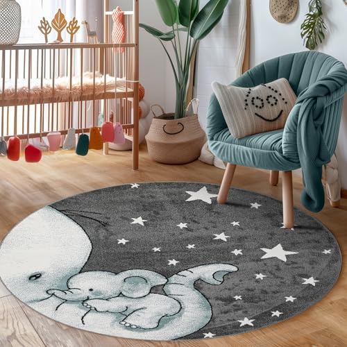 Carpettex Kinderteppich Elefant Design Blau 160 cm Rund - Kurzflor Teppich Kinderzimmer für Mädchen und Jungen Pflegeleicht Weich - Waschbarer Spielteppich Babyteppich Gaming Teppich Babyzimmer