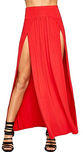 Crazy Girls Womens Long Double Split High Waist Ladies Plain Jersey Stretch Two Side Slit Maxi Skirt (12-14, Red)