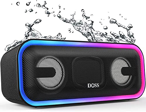 DOSS SoundBox Pro+ Bluetooth Lautsprecher, 24W Stereo Sound, Extra Bass, 15h Akku, IPX6 Wasserdicht, Bunten Lichtshow, Stereo Pairing, Musikbox Bluetooth für Handy, Draußen, Strand, Zuhause - Schwarz