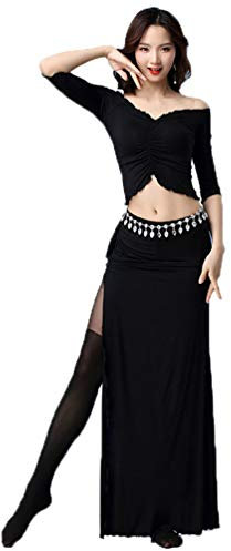 LaoZan Erwachsene Damen Bauchtanz Performance Kostüm Top Schlitzrock Maxirock Tanzen Kleidung Set (Schwarz#1(2Pcs), Asia M)