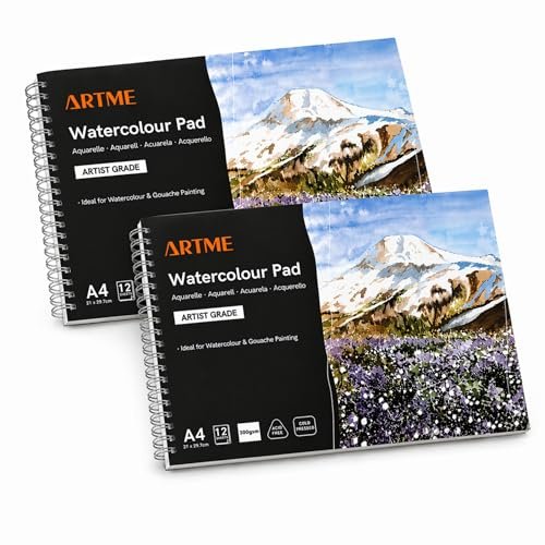ARTME Blocco Carta per Acquerello A4 2pz, 12 Fogli 300 g/m², Carta Acquerello Doppia Trama, Grana Ruvida e Liscia, Senza Acidi, Cellulosa, per Acquerelli, Gouache, Disegno e Pittura