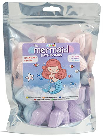 abeec Mermaid Bath Bombs for Kids – 10-Pack of Strawberry-Scented Bath Fizzers – Fun Bath Bomb Gift Set with Pink, Blue & Purple Mermaid Shapes – Bubble Bath Gift for Girls & Boys