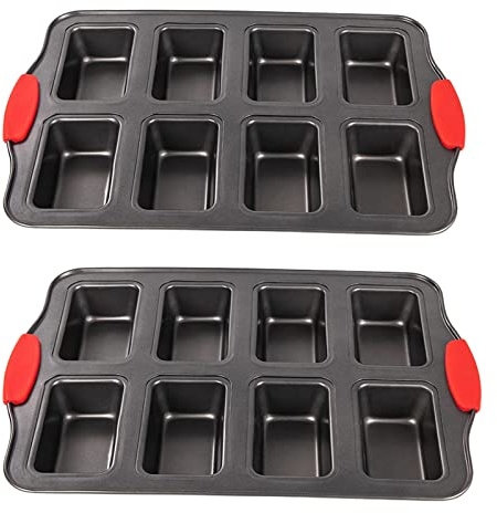 PLAZOTTA 2 Packs 8 Cavity Non-Stock Mini Loaf Pan with Silicone Handle, Mini Bread Loaf Baking Pan Mini Brownie Pan Cheesecake Mould Rectangular Bar