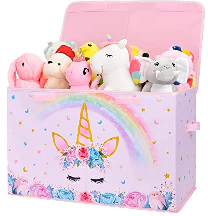 WERNNSAI Einhorn Aufbewahrungsbox mit Deckel - Kinder Spielzeugkiste 64 x 32 x 40cm Spielzeug Kleidung Bücher Aufbewahrung Spielzeugbox mit Griffen für Mädchen Kinderzimmer Kindergarten
