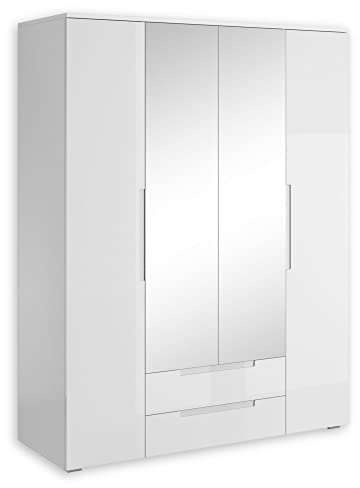 SPICE Eleganter Kleiderschrank mit viel Stauraum & Spiegeltüren - Vielseitiger Drehtürenschrank in Weiß hochglanz - 160 x 208 x 57 cm (B/H/T)