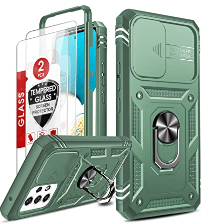 LeYi Hülle für Samsung Galaxy A53 5G Kamera Klappe Handyhülle & 2 Displayschutzfolie, Hybrid Kamera Abdeckung Schutzhülle Militär Standard Case MetallRing Ständer Halter Handy Hüllen A 53 Cover Grün