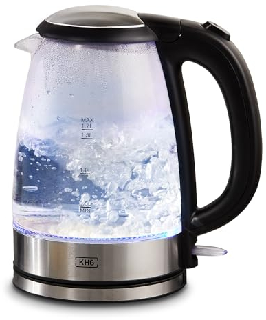 KHG WK-1715GES Wasserkocher Glas. LED, 1,7 Liter, Kalkfilter, Trockengehschutz & Abschaltautomatik, verdecktes Heizelement, BPA-frei, 2200 Watt