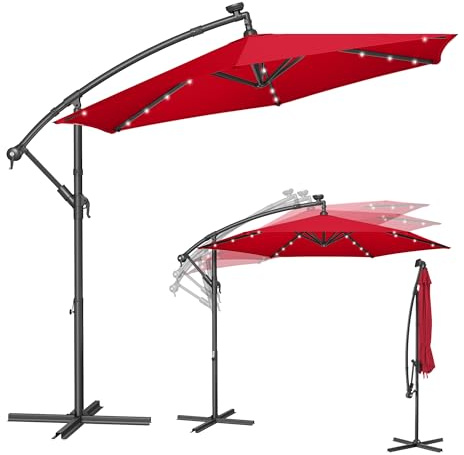 SONGMICS Sonnenschirm mit LED-Solar-Beleuchtung, 300 cm d, UPF 50+ | Ampelschirm, Balkonschirm, 32 LED-Lämpchen, mit Ständer, mit Kurbel, Terrasse, Garten, rot, SHELD Kollektion GPU118R01