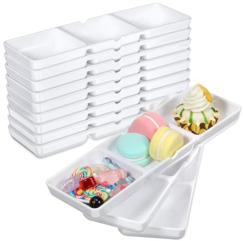 12 Pcs Small White Plastic Appetizer Serving Tray 3 Compartment Serving Dishes Reusable Stackable Sectional Platter Rectangular Divided Split Dish for Restaurant Kitchen Food Candy