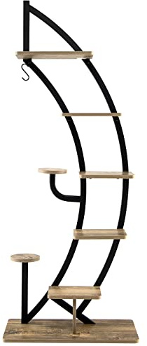 GYMAX Scaffale per Piante a 7 Livelli, Portafiori a Mezza Luna con Gancio, Dispositivo Antiribaltamento, per Balcone, Terrazza, Giardino, 60 x 30 x 155 cm (Nero, Stile 2)