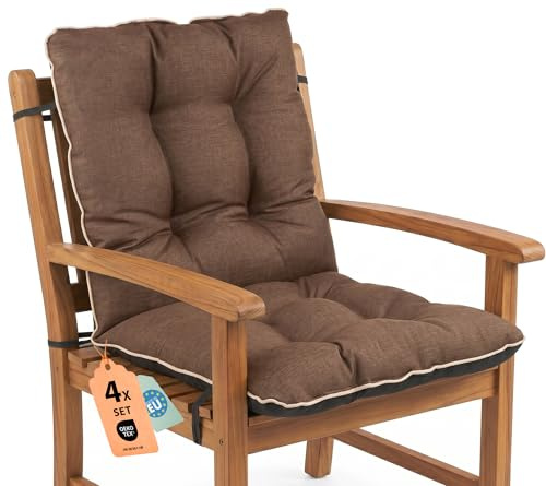 SuperKissen24. Stuhlkissen Sitzkissen und Rückenkissen für Stühle 4er Set 48x48x48 cm - Outdoor und Indoor - Auflagen für Gartenmöbel Wasserdicht - Braun Leinen