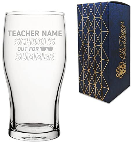 Personalised Engraved Teacher Gift Pint Glass with School's Out for Summer Design, Personalise with Any Name, Gift Box Included, Laser Engraved, Teacher End of Term School Gift