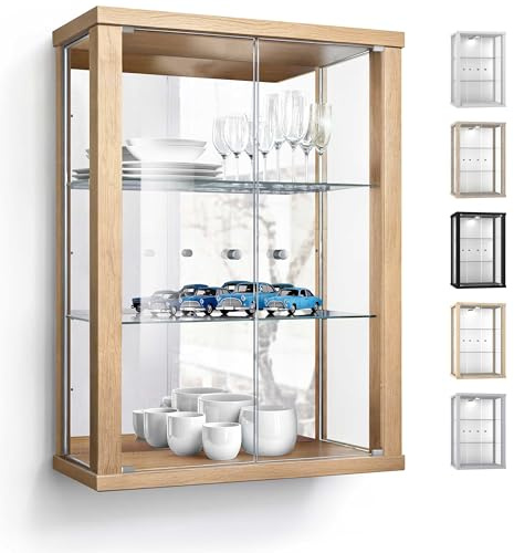 K-Möbel Wandvitrine (80x60x25cm) - Made in Germany - Glasvitrine hängend mit 2 höhenverstellbaren Glasböden aus ESG & Spiegel in Buche - Schrank mit Glastüren - Hängevitrine Glas