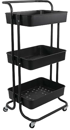 INTIRILIFE Rollwagen mit 3 Ebenen in Schwarz - 42 x 37 x 85.5 cm - Servierwagen mit Griff Aufbewahrungswagen für Küche Bad Büro etc.