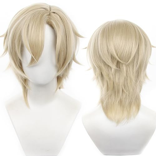 Blonde kurze Cosplay Perücke mit hitzebeständigem synthetischem Haar für Frauen Männer Halloween Comic Con Cosplay Ersatz Perücken | Hellblondes Wolfsschwanz-Mann-Stil, seitlicher Pony, mehrlagiger Haarschnitt, hitzebeständige Faser, Comic-Con, Game Show