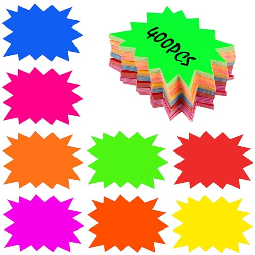 HMIEPRS 400Pcs Fluoreszierend Starburst Preisschild, Neon Papier Star Burst Verkaufsschilder, 8 Farbe Verkaufsetiketten Zeichen, Preisetiketten Display Schilder für Ladengeschäft Supermärkten