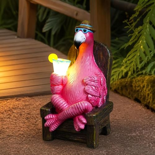 Yeomoo Rosa Flamingo Solar Gartenfiguren Trinken auf dem Schaukelstuhl 13CM | Lustige Flamingo Gartendeko für Draußen, Geschenke für Frauen Mama Geburtstagsgeschenk, Deko für Wohnzimmer Garten Regal Büro