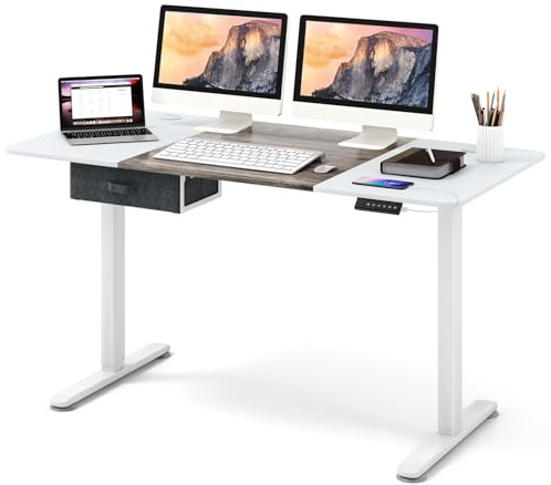 COSTWAY 140 x 70cm Electric Height Adjustable Standing Desk, Sit Stand Up Desk with Memory Smart Presets and Storage Drawer, Home Office Computer Desk Writing Table (Gray)