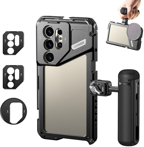 NEEWER S24 Ultra Phone Cage Stabilizer with Side Handle, 67mm Filter Adapter, 17mm Lens Backplate, T Mount Lens Adapter, Video Rig Compatible with Samsung Moment T Series Lenses, PA042+PA045S