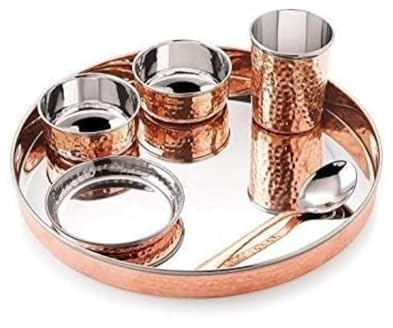 Traditional Indian tableware stainless steel copper dinner set 13-inch-diameter includes thali plates, bowls, glasses, and spoons. (Copper, Solid 12 Pcs)