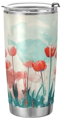 JUMBEAR Vaso de 20 onzas, tulipán rojo, de acero inoxidable, aislado al vacío, taza de café para agua, agua, café, taza térmica de viaje para el hogar y exteriores