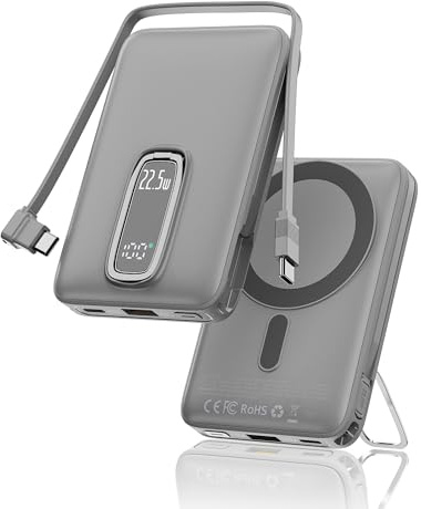 Power Bank 10000mAh 22.5W, Mini Caricatore Portatile con Ricarica Rapida, Batteria Portatile con Display LED e Cavo USB-C Integrato, Powerbank USB-C Compatibile con iPhone 15/16, Nero Grafite