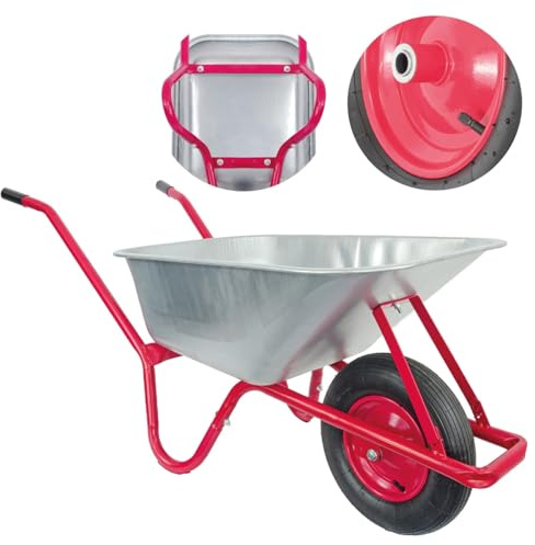 Matrix Schubkarre 100l Liter 250 kg Luftrad Schubkarren groß Garten Scheibtruhe Bauschubkarre | Mulde verzinkt | Metall Felge mit Kugellager | Farbe rot